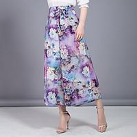 Women\'s High Rise Micro-elastic Chinos Pants, Cute Simple Wide Leg Floral Chiffon Bow Layered Print