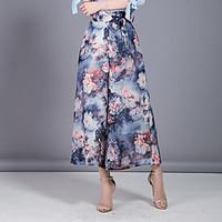 Women\'s High Rise Micro-elastic Chinos Pants, Cute Simple Wide Leg Floral Chiffon Bow Layered Print