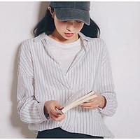 Women\'s Casual/Daily Simple Spring Summer Shirt, Striped Shirt Collar Long Sleeve Cotton Medium