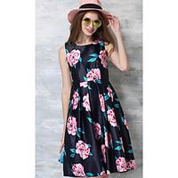 Women\'s Going out Cute Sheath Dress, Floral Round Neck Knee-length Sleeveless Cotton Summer Mid Rise Micro-elastic Medium