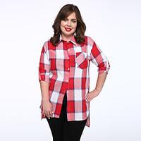 Women\'s Casual/Daily Plus Size Street chic Shirt, Plaid Notch Lapel ¾ Sleeve Cotton Polyester