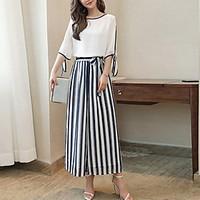 womens casualdaily simple blouse pant suits striped round neck half sl ...