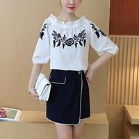 Women\'s Casual/Daily Simple Summer Blouse Skirt Suits, Print Boat Neck 3/4 Length Sleeve Embroidered Inelastic