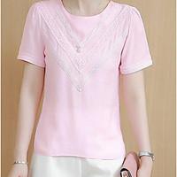 Women\'s Casual/Daily Simple Summer Blouse, Solid Round Neck Short Sleeve Cotton