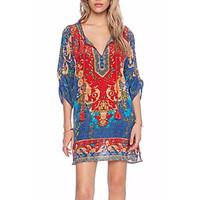 Women\'s Boho Going out Casual/Daily Simple Street chic Sheath Dress, Rainbow V Neck Knee-length ¾ Sleeve PU Spring Mid Rise Micro-elastic Medium