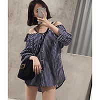 Women\'s Casual/Daily Simple Spring Summer Shirt, Striped Asymmetrical Short Sleeve Polyester Thin