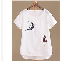 Women\'s Going out Holiday Vintage Chinoiserie Summer T-shirt, Solid Print Round Neck Short Sleeve Cotton Linen Medium