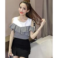 womens casualdaily simple summer shirt plaid round neck short sleeve c ...