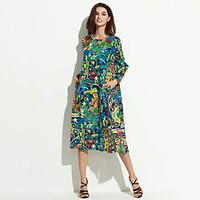 Women\'s Casual Ethnic Print Loose Dress, Print Round Neck Above Knee Long Sleeve Multi-color Cotton / Linen Spring / Fall