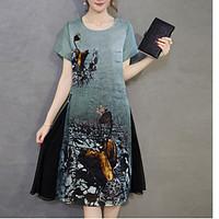 womens vintage print swing dress round neck midi silk