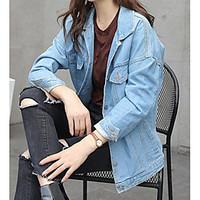 Women\'s Casual/Daily Simple Spring Fall Denim Jacket, Solid Square Neck Long Sleeve Regular Others