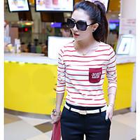Women\'s Casual/Daily Simple T-shirt, Striped Round Neck Long Sleeve Cotton Thin