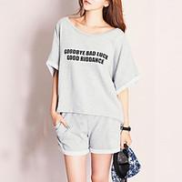 Women\'s Casual/Daily Simple Spring Summer T-shirt, Letter Round Neck Short Sleeve Linen Opaque