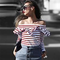 Women\'s Casual/Daily Simple Spring Summer Blouse, Striped Off Shoulder Long Sleeve Cotton Opaque