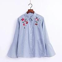 Women\'s Embroidery Going out Casual/Daily Sexy Simple Street chic Spring Fall Shirt, Striped Floral Embroidered Shirt Collar Long Sleeve Cotton Medium