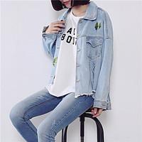 Women\'s Casual/Daily Vintage Simple Fall Winter Denim Jacket, Print Shirt Collar Regular Others Embroidered