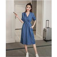 Women\'s Going out Sexy Denim Dress, Solid V Neck Midi ½ Length Sleeve Nylon Summer Mid Rise Micro-elastic Medium