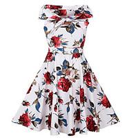 Women\'s Casual/Daily Vintage Sheath Dress, Print Boat Neck Midi Sleeveless Cotton Polyester Summer Fall Mid Rise Micro-elastic Medium