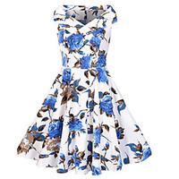 Women\'s Casual/Daily Vintage Sheath Dress, Print Boat Neck Midi Sleeveless Cotton Polyester Summer Fall Mid Rise Micro-elastic Medium