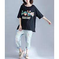 Women\'s Casual/Daily Cute Summer T-shirt, Print Round Neck Short Sleeve Cotton