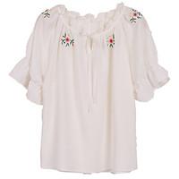 Women\'s Casual/Daily Simple Shirt, Solid Embroidered Round Neck Short Sleeve Cotton