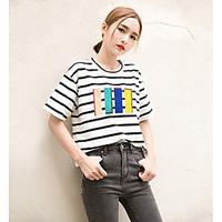 Women\'s Going out Casual/Daily Holiday Simple Cute Active T-shirt, Striped Print Round Neck Short Sleeve Cotton Opaque Medium