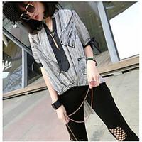 Women\'s Going out Vintage Spring Fall Shirt Pant Suits, Striped Deep V 3/4 Length Sleeve Micro-elastic