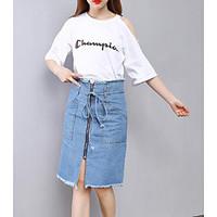Women\'s Going out Street chic Summer T-shirt Skirt Suits, Letter Crew Neck 3/4 Length Sleeve Patchwork Micro-elastic