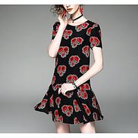 Women\'s Casual/Daily Skater Dress, Solid Floral Round Neck Above Knee ½ Length Sleeve Cotton Summer High Rise Micro-elastic Medium