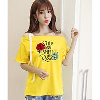 Women\'s Casual/Daily Simple Cute Spring Summer T-shirt, Floral Letter Boat Neck Short Sleeve Cotton Thin