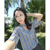 womens going out work sexy summer blouse striped crew neck length slee ...