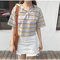 Women\'s Casual/Daily Simple Spring Summer T-shirt, Striped Asymmetrical Short Sleeve Cotton Opaque