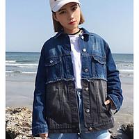 Women\'s Going out Street chic Spring Denim Jacket, Color Block Stand Long Sleeve Regular Cotton