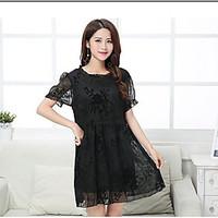 Women\'s Going out Lace Dress, Solid Floral Round Neck Above Knee Short Sleeve Silk Summer Mid Rise Micro-elastic Medium