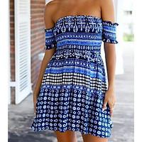 Women\'s Casual/Daily Loose Dress, Geometric Boat Neck Knee-length Short Sleeve Silk Summer Mid Rise Micro-elastic Thin