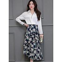 Women\'s Going out Casual/Daily Work Cute Spring Summer Shirt Skirt Suits, Print Shirt Collar Long Sleeve