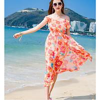 Women\'s Going out Loose Dress, Solid Floral Round Neck Maxi Short Sleeve Silk Summer High Rise Micro-elastic Thin