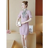 Women\'s Casual/Daily Loose Dress, Solid Round Neck Mini Short Sleeve Silk Summer High Rise Micro-elastic Medium