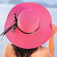 Women Beach Summer Bow Solid Color Sunscreen Folded Sun Wide Brim Hat Straw Hat