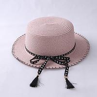 Women Beach Summer Casual Sun Tassel Bow Flat Hat Sunscreen Straw Cap