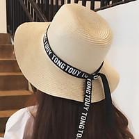 Women Beach Summer Sun Letter Ribbon Printing Bow Hat Straw Holiday Seaside Vacation Cap