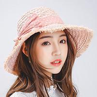 Women\'s Summer Grass Dot Pattern Bowknot Tassel Sun Straw Big Brim Hat