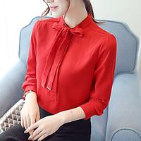 womens stand collar with belt chiffon long sleeve blouses shirt