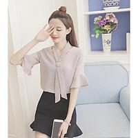 Women\'s Casual/Daily Simple Summer Blouse, Solid V Neck Short Sleeve Polyester