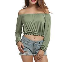 Women\'s Casual/Daily / Club Sexy / Street chic Spring / Fall T-shirtSolid Pleated Bare Midriff Boat Neck Long Sleeve