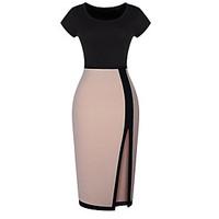 Women\'s Party Sophisticated Bodycon Two Piece Dress, Solid Deep U Midi Short Sleeve Cotton Polyester Summer High Rise Micro-elastic Thin