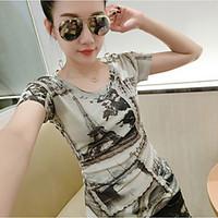 Women\'s Going out Casual/Daily Holiday Simple T-shirt, Solid Camouflage Round Neck Short Sleeve Cotton Medium