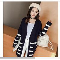 Women\'s Going out Casual/Daily Simple Cute Regular Cardigan, Striped Crew Neck Long Sleeve Cotton Fall Winter Thin Inelastic