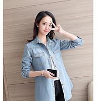 Women\'s Casual/Daily Simple Spring Denim Jacket, Solid Shirt Collar Long Cotton