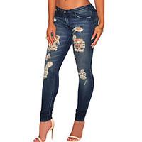 Women\'s Dark Sandblast Wash Denim Destroyed Skinny Jeans